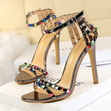 BIGTREE Shoes Color Rivets Women Sandals Roman Style Heeled Sandals Hollow Out High Heels Stiletto Sexy Party Shoes Sandals