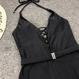 2025 Sexy Lace Up Halter Female Swimwear One Piece Swimsuit Women Backless Monokini with Waist Belt Bathing Suit Swim Bodysuit