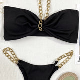 New Halter Ribbed Brazilian Bikini Female Swimsuit Women Swimwear Two pieces Bikini set Metal Chains Bather Bathing Suit Swim