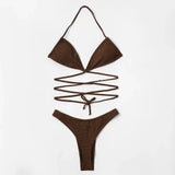 ZTVitality Solid Ribbed Bandage Wrap Around Bikini 2025 New Halter Padded Bra  High Leg Sexy Swimsuit Beach Wear Swimwear Women