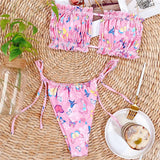 Tie Dye Pleated Ruffled Bikinis Bandeau Bikini Women Swimsuit Female Swimwear Two-pieces Bikini Set Hollow Out Bathing Suit Swim