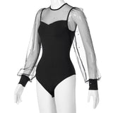 Women Pearl Mesh Puff Sleeve Bodysuit 2024 Fashion Long Sleeve Vintage Body Top Summer Fall Elegant Sexy Blouse Shirts Female