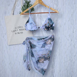Marble Print V-Bar Underwired Bikini Women Swimsuit Female Swimwear Three-pieces Bikini Set Push Up Bathing Suit Beach Sarong