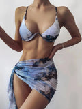 Marble Print V-Bar Underwired Bikini Women Swimsuit Female Swimwear Three-pieces Bikini Set Push Up Bathing Suit Beach Sarong