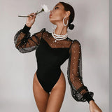 Women Pearl Mesh Puff Sleeve Bodysuit 2024 Fashion Long Sleeve Vintage Body Top Summer Fall Elegant Sexy Blouse Shirts Female