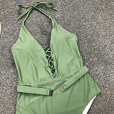 2025 Sexy Lace Up Halter Female Swimwear One Piece Swimsuit Women Backless Monokini with Waist Belt Bathing Suit Swim Bodysuit