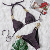Halter Chains Rhinestone Diamond Bikini Women Swimsuit Female Ribbed Swimwear Two Pieces Bikini set Brazilian Bathing Suit Swim