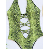 New Sexy Snake Skin Halter Monokini Women Swimwear One Piece Swimsuit Female Tummy Cut Out Bather Bathing Suit Swim Lady V3056