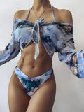 Marble Print V-Bar Underwired Bikini Women Swimsuit Female Swimwear Three-pieces Bikini Set Push Up Bathing Suit Beach Sarong