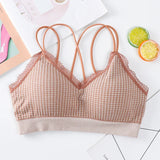 Gingham Lace Cross-Back Bralette Wireless Wrap Bra Sexy Lingerie Stretchy Beauty Cross Back Underwear Plaid Lace Trim Tube Bra