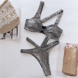 Asymmetric Shiny Snake Skin Thong Bikini Female Swimsuit Women Swimwear Two Pieces Bikini set High Cut Bather Bathing Suit Swim