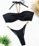 New Halter Ribbed Brazilian Bikini Female Swimsuit Women Swimwear Two pieces Bikini set Metal Chains Bather Bathing Suit Swim