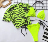 Zebra Print Mesh Short Sleeve Halter Mini Micro Bikini Female Swimsuit Women Swimwear Three-pieces Bikini set Bathing Suit Swim
