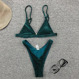 Ribbed Metallic Velvet Bikini Women Swimsuit Female Thong Swimwear Two Pieces Bikini Set High Cut Bathing Suit Swim Beachwear