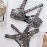 Asymmetric Shiny Snake Skin Thong Bikini Female Swimsuit Women Swimwear Two Pieces Bikini set High Cut Bather Bathing Suit Swim
