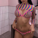 2025 Sexy Long Sleeve Striped Bikini Women Brazilian Swimwear Female Swimsuit 3 Pieces Bikini Set Halter Micro Bathing Suit Swim