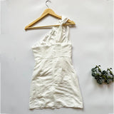 Foridol One Shoulder White Cotton Ruched Short Summer Dress Bowknot Beach Sundress Women Sleeveless Solid Dress