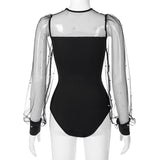 Women Pearl Mesh Puff Sleeve Bodysuit 2024 Fashion Long Sleeve Vintage Body Top Summer Fall Elegant Sexy Blouse Shirts Female