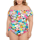 Swim Solutions Plus Size Tummy Control Off-the-Shoulder Ruffled Swimsuit