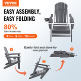 VEVOR Adirondack Chair Plastic, Set of 2 All-Weather Portable Folding Fire Pit Chair, Outdoor Adirondack Patio Chair with Cup Holder, with Relaxing Arm Rest Ergonomic, for Garden, Backyard - Gray