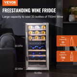 VEVOR 33-Bottle Wine Cooler, Dual Zone & Dual Temperature Wine Fridge, Freestanding Refrigerator with Circulating Air-cooling and Digital Control, Tempered Glass Door with UV Protection, for Home Bar