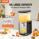 VEVOR Commercial Beverage Dispenser, 18 L / 19 QT Juice Dispenser, 300W 304 Stainless Steel Food Grade Ice Tea Drink Machine with 45°F-54°F Cooling Temperature, for Cold Drink Restaurant Bar Party