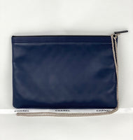 Chanel Quilted Lambskin Leather Black Blue Large Boy Zip Pouch Added Chain