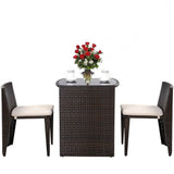 3 Piece Compact Espresso/White Wicker Patio Cushioned Outdoor Chair Table Set