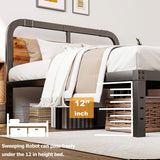 King Heavy Duty Black Metal Bed Frame with Solid Wood Panel Headboard