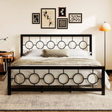 King Black Metal Platform Bed Frame with Circle Medallion Headboard Footboard