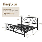 King Black Metal Platform Bed Frame with Circle Medallion Headboard Footboard