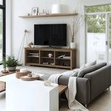 Farmhouse Style TV Stand with 6 Storage Compartments in Brown Oak Wood Finish