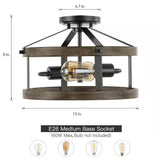 Round 13-inch Metal Wood Farmhouse 2-Light Ceiling Lamp - Semi-Flush Mount