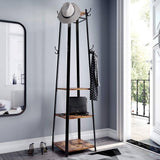 Modern Industrial Metal Frame Wood Shelf Coat Rack with 3-Shelves
