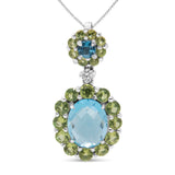 18k White Gold 0.05 Cttw Round Diamond and Blue Topaz and Green Peridot Gemstone Halo Drop 18" Pendant Necklace (F-G Color, VS1-VS2 Clarity)