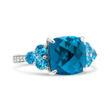18K White Gold 10mm Cushion Shaped Blue Topaz and 1/6 Cttw Diamond 3 Stone Style Ring (F-G Color, VS1-VS2 Clarity) - Ring Size 6.5