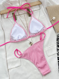 Neon Halter Ribbed Bikini Female Swimsuit Women Swimwear Two-pieces Bikini Set Padded Bather Bathing Suit Swim Lady Beachwear