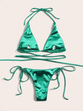 Wrap Around Halter Metallic Satin Bikini Women Swimwear Female Swimsuit Two-pieces Bikini Set Brazilian Bathing Suit Swim Lady