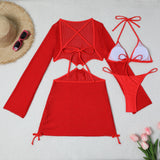 Mesh Sheer Long Sleeve Cover-Up Micro Bikini Female Swimsuit Women Swimwear Three-pieces Bikini Set Bathing Suit Swim Beach Wear