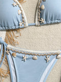 Shell Decoration Ribbed Bikini Women Swimwear Female Swimsuit Two-pieces Bikini Set Halter Strappy Bather Bathing Suit Swim Lady