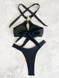 Sexy Tummy Cut Out Halter Women Thong Swimwear One Piece Swimsuit Female High Cut Monokini Rings Bathing Suit Swim Beach Wear
