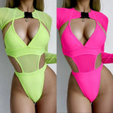 Neon Long Sleeve High Cut Out Women Swimwear One Piece Swimsuit Female Mesh Monokini Bather Bathing Suit Swim Lady Beachwear