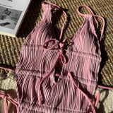 Deep V Neck Halter Wrinkled Female Swimwear One Piece Swimsuit Women Backless Monokini High Cut Bather Bathing Suit Swim Lady