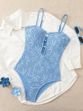 Leaves Printed Mesh Hollow Out Women Swimwear One Piece Swimsuit Female Monokini High Leg Cut Bather Slim Bathing Suit Swim Lady