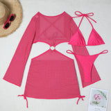 Mesh Sheer Long Sleeve Cover-Up Micro Bikini Female Swimsuit Women Swimwear Three-pieces Bikini Set Bathing Suit Swim Beach Wear