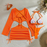 Mesh Sheer Long Sleeve Cover-Up Micro Bikini Female Swimsuit Women Swimwear Three-pieces Bikini Set Bathing Suit Swim Beach Wear