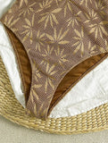 Leaves Printed Mesh Hollow Out Women Swimwear One Piece Swimsuit Female Monokini High Leg Cut Bather Slim Bathing Suit Swim Lady