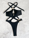 Sexy Tummy Cut Out Halter Women Thong Swimwear One Piece Swimsuit Female High Cut Monokini Rings Bathing Suit Swim Beach Wear