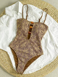 Leaves Printed Mesh Hollow Out Women Swimwear One Piece Swimsuit Female Monokini High Leg Cut Bather Slim Bathing Suit Swim Lady
