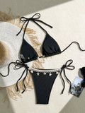 Shell Decoration Ribbed Bikini Women Swimwear Female Swimsuit Two-pieces Bikini Set Halter Strappy Bather Bathing Suit Swim Lady